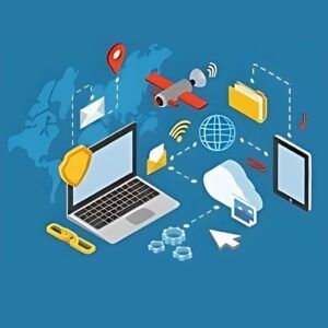 Illustration of laptop, tablet, cloud, and digital connections representing zSecurity’s network hacking course.