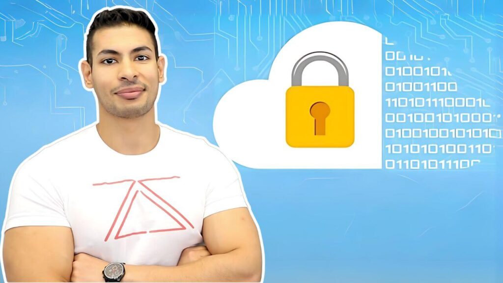 Website Hacking from Scratch course thumbnail showing Zaid Sabih with a cloud lock icon and binary code on a blue tech background.