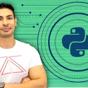 Python Ethical Hacking course thumbnail showing Zaid Sabih next to a large Python logo on a green digital background filled with binary code and circuit patterns.