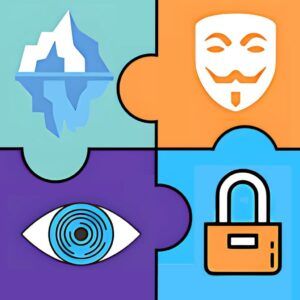 Puzzle pieces featuring an iceberg, anonymous mask, eye with fingerprint, and padlock icons representing dark web anonymity, privacy, and security concepts.