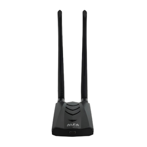 An Alfa AWUS036ACH wireless adapter is displayed vertically with two tall antennas extending from its base. The adapter has a sleek, black design with a modern, angular finish and a compact build. The Alfa logo is visible on the front of the device, which is designed for high-performance wireless networking, often used in penetration testing and ethical hacking due to its strong signal reception and dual-band capabilities. A USB-C port is located at the front, adding to the adapter's modern appeal.