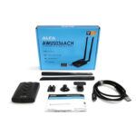 ALFA AWUS036ACH dual-band USB WiFi adapter full kit with box, antennas, USB cable, mounting clips, and user manual.