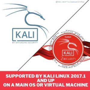Fully compatible with Kali Linux 2017.1 and newer—run seamlessly on main OS or virtual machines with zSecurity-customized tools. Kali Linux and zSecurity custom Kali logo showing compatibility with Kali Linux 2017.1 and above, including virtual machines.