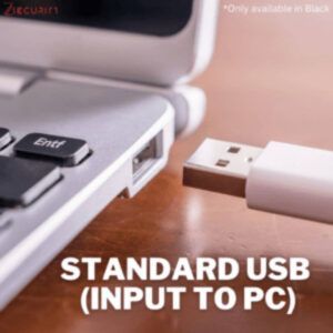 Standard USB input for seamless PC connection — available exclusively in black from zSecurity. Close-up of a standard USB connector about to be plugged into a laptop, labeled as input to PC, shown in a promotional image by zSecurity.