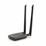 Angled view of the ALFA AWUS036ACH USB WiFi adapter with dual high-gain antennas and USB-C port.