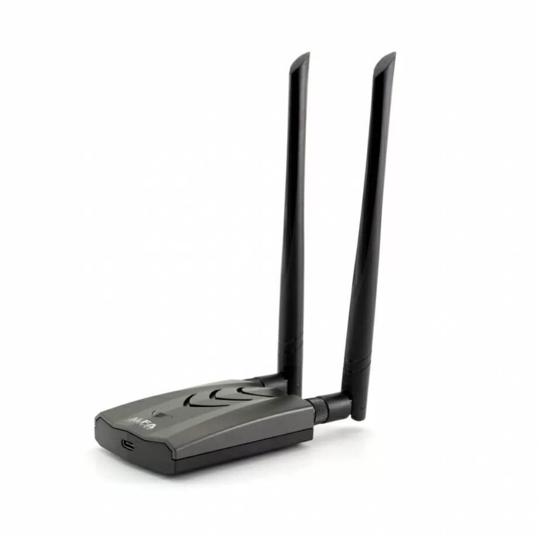 ALFA AWUS036ACH 2.4 & 5GHz dual-band USB wireless adapter featuring two 5dBi antennas and USB-C connectivity for extended range and reliable performance. Angled view of the ALFA AWUS036ACH USB WiFi adapter with dual high-gain antennas and USB-C port.