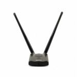 Front-facing view of the ALFA AWUS036ACH USB WiFi adapter with two V-positioned dual-band antennas.