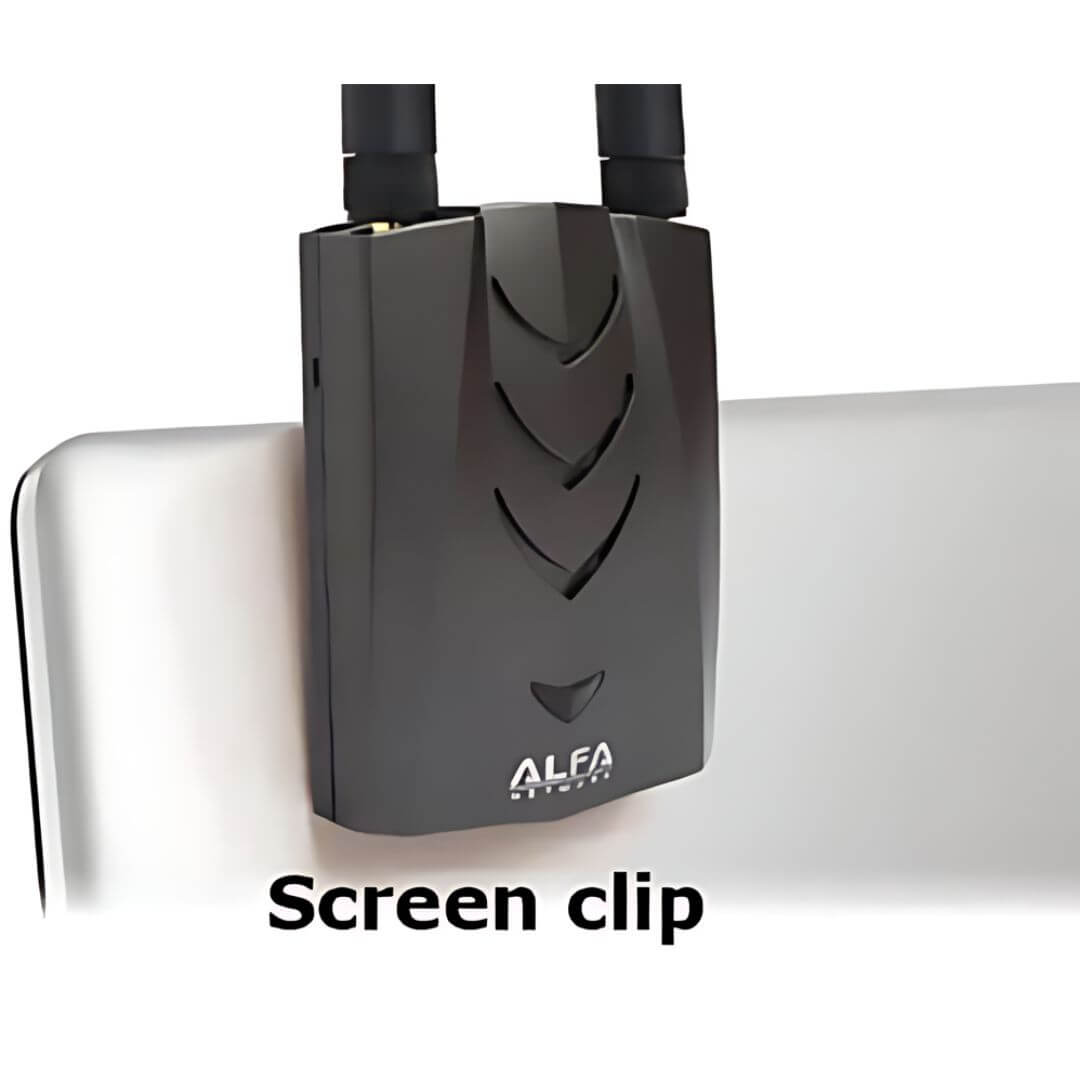 Conveniently mount the ALFA AWUS036ACH on your laptop with the included screen clip for optimal dual-band signal reception. ALFA AWUS036ACH USB WiFi adapter clipped to the top of a laptop screen using the included screen clip mount.