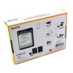 Rear view of ALFA AWUS036NHA USB wireless adapter retail box showing features, connection diagram, and included accessories.