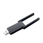 Angled view of Realtek RTL8812AU USB WiFi adapter with dual antennas extended horizontally.