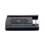 Close-up of Realtek RTL8812AU dual-band USB WiFi adapter with antennas folded and ventilation grill visible.