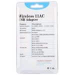 Backside packaging of the Wireless 11AC USB Adapter listing technical specifications, operating frequency, modulation, and OS support.