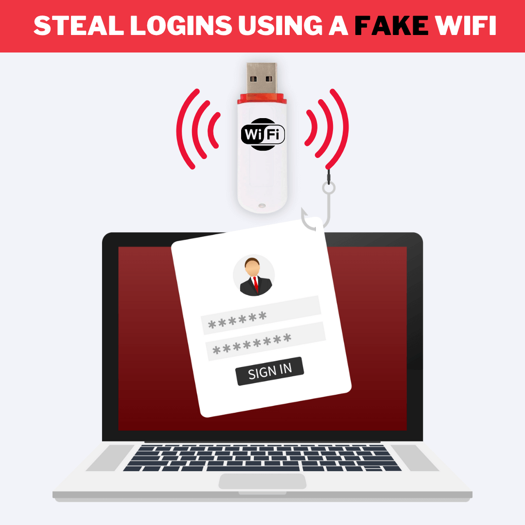 Capture login credentials through fake Wi-Fi access points using this BadUSB tool — perfect for phishing simulations and red team operations. Fake Wi-Fi USB device phishing login credentials from a laptop using wireless signal spoofing