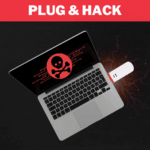 USB keystroke injection device plugged into laptop with hacking malware icon on screen