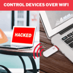 Wi-Fi keystroke injection USB device remotely hacking a laptop with red "HACKED" screen