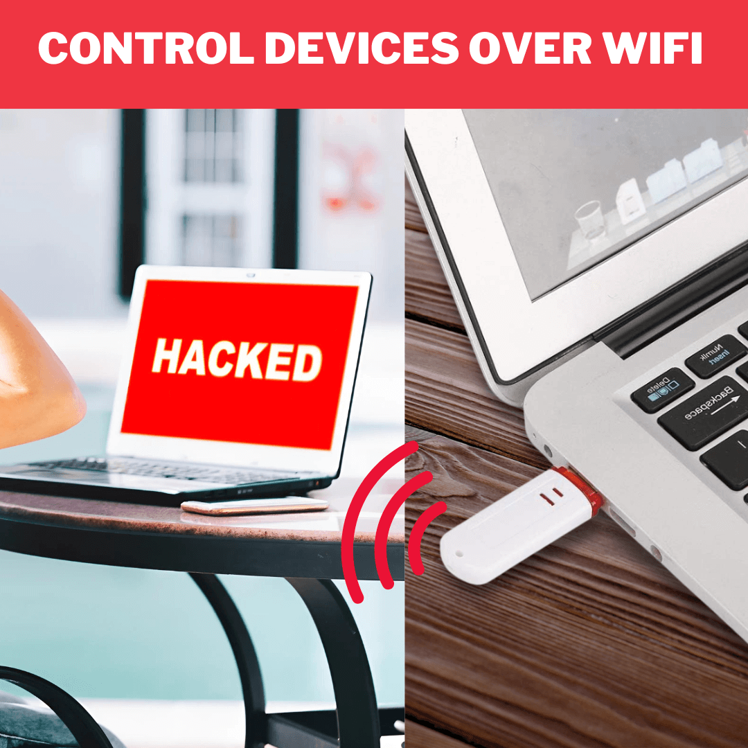 Remotely control and inject keystrokes into devices using a Wi-Fi-enabled BadUSB for ethical hacking and pen-testing. Wi-Fi keystroke injection USB device remotely hacking a laptop with red "HACKED" screen