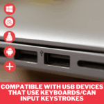 USB port with compatibility icons for Windows, macOS, Linux, Android, and more — supports keyboard input and keystroke devices