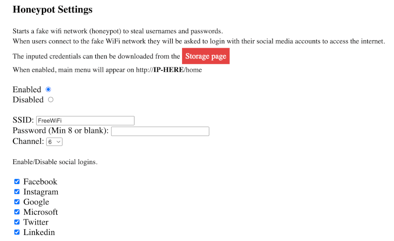 Configure fake Wi-Fi networks and social login phishing targets using the ZS Cactus BadUSB honeypot settings interface. Honeypot settings screen from ZS Cactus BadUSB showing fake Wi-Fi configuration and social login phishing options