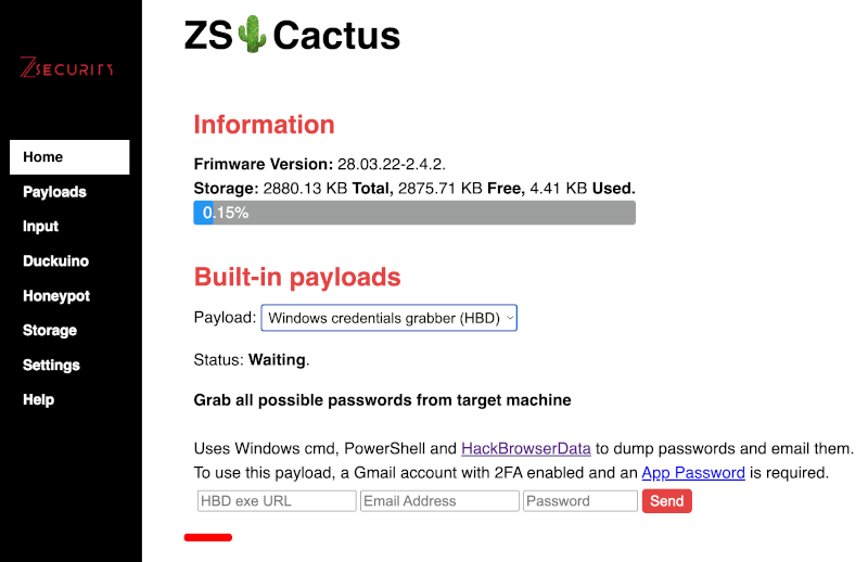 The ZS Cactus Wi-Fi BadUSB web interface allows users to deploy built-in payloads like Windows credential grabbers directly from the browser. ZS Cactus BadUSB web interface showing firmware info and built-in payload options including Windows credentials grabber