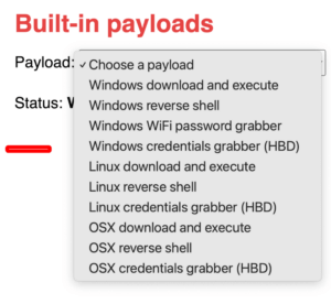 ZS Cactus includes built-in payloads for Windows, Linux, and macOS — from credential harvesting to reverse shells and file execution. Dropdown menu of built-in payloads in ZS Cactus BadUSB interface including reverse shells, credential grabbers, and download-and-execute options for Windows, Linux, and macOS