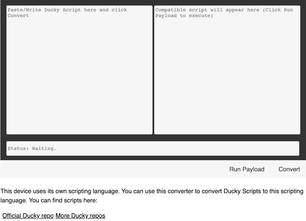 ZS Cactus includes a built-in Ducky Script converter, allowing you to write, convert, and execute custom keystroke payloads directly from the interface. ZS Cactus BadUSB interface for converting Ducky Script to compatible payload format with script editor and execution panel