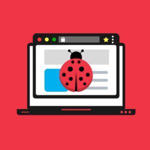 Illustration of a laptop screen with a ladybug symbolizing a bug bounty hunting concept on a red background.