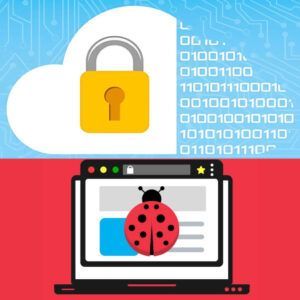 Illustration showing a cloud with a padlock representing website security, and a laptop screen with a ladybug symbolizing bug bounty and vulnerability testing.