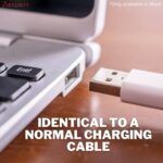 BadUSB cable appearing identical to a standard USB charging cable being plugged into a laptop USB-A port