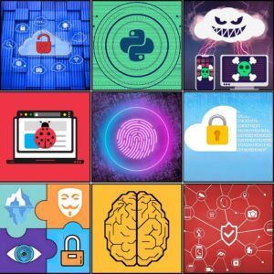 Grid of icons representing zSecurity’s ethical hacking courses including cloud security, Python, Ethical Hacking, OSINT, dark web anonymity, bug bounty, and social engineering