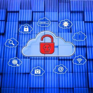 Cloud security graphic with a red unlocked padlock and cybersecurity icons on a blue digital background representing ethical hacking from scratch.