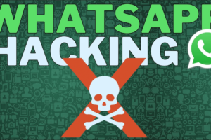 An illustration with the title 'WhatsApp Hacking' in bold green and white letters. The background features a pattern of various icons related to communication and technology. Below the title, there is a red 'X' with a white skull and crossbones symbol, indicating danger or a warning. The WhatsApp logo is placed on the right side of the text, emphasizing the focus on WhatsApp-related hacking activities.