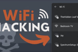 Graphic with the text 'WiFi Hacking' prominently displayed. The background features a skull and crossbones. On the right side, a WiFi network list is shown with network names such as 'TheHidden Leaf Village,' 'Bedroom TV,' 'Jay,' and 'SpectrumSetup-3E,' each with a locked icon next to them. An orange arrow points from the text to the WiFi network list.