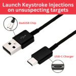 A promotional image showing the BadUSB-C Keystroke Injection Cable, highlighting its ability to launch keystroke injections on unsuspecting targets while also functioning as a USB-C charger.