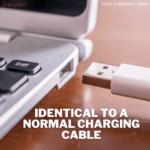 A close-up image of a BadUSB-C keystroke injection cable connected to a laptop's USB port, appearing identical to a regular charging cable.