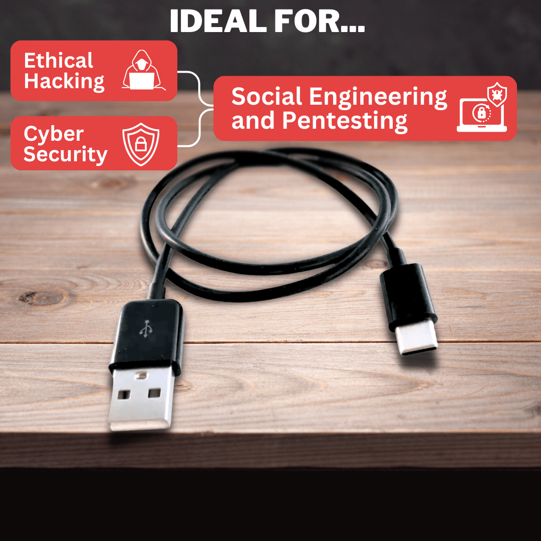 A black USB-C keystroke injection cable resting on a wooden surface. Text above the image highlights its ideal uses: Ethical Hacking, Cyber Security, Social Engineering, and Pentesting.