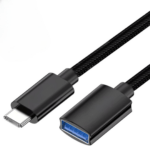 A black USB-C to USB 3.0 adapter extension cable with braided casing, showing the USB-C male connector on one end and the USB 3.0 female connector on the other.