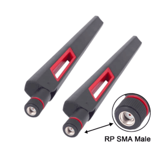 A dual-band Wi-Fi adapter with two large 12 dBi antennas, supporting 2.4GHz and 5.8GHz frequencies, equipped with RP-SMA connectors for enhanced wireless performance.