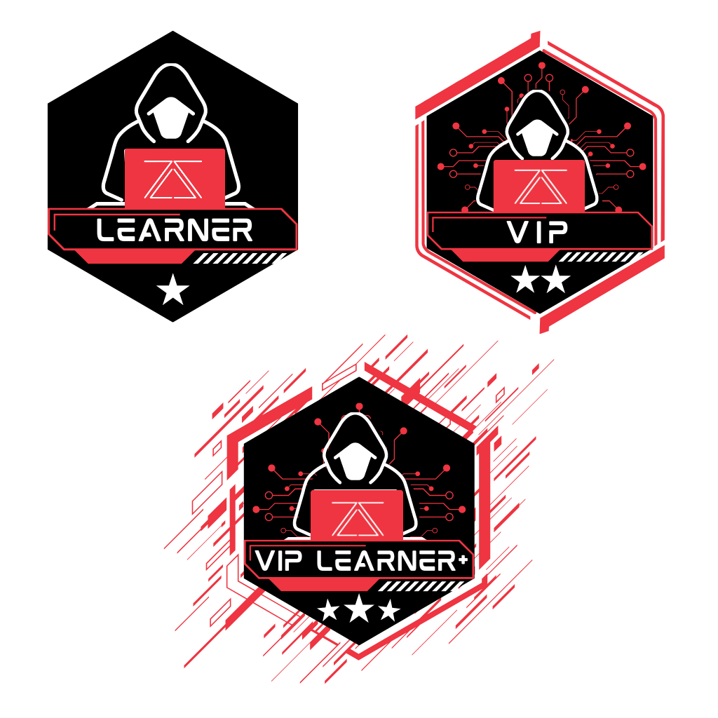 Three zSecurity membership badges: Learner, VIP, and VIP Learner+, each featuring a hooded figure working on a laptop with a circuit design background, symbolizing different membership tiers.