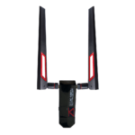 A dual-band Wi-Fi adapter with two large 12 dBi antennas, supporting 2.4GHz and 5.8GHz frequencies, equipped with RP-SMA connectors for enhanced wireless performance.