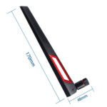 A dual-band Wi-Fi adapter with two large 12 dBi antennas, supporting 2.4GHz and 5.8GHz frequencies, equipped with RP-SMA connectors for enhanced wireless performance.