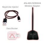 The Alfa AWUS036NHA Wireless Adapter, USB-C keystroke injector cable, and USB data blocker, forming a bundle for wireless penetration testing and security research.