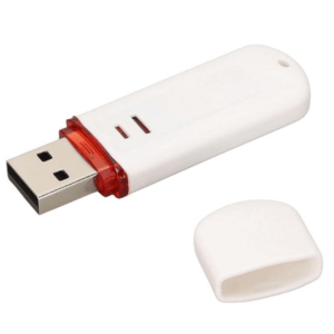 A top and side view of the zSecurity Cactus USB device, designed to perform keystroke injection attacks over Wi-Fi, featuring a sleek white design with red accents and the zSecurity logo.