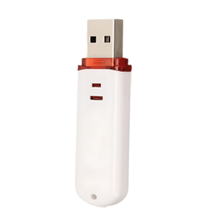 A top and side view of the zSecurity Cactus USB device, designed to perform keystroke injection attacks over Wi-Fi, featuring a sleek white design with red accents and the zSecurity logo.