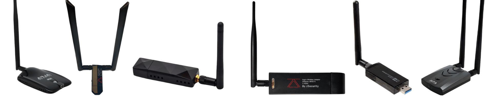 A lineup of various wireless adapters for hacking, showcasing models from Alfa and zSecurity, all equipped with antennas for optimal signal reception, designed for penetration testing.