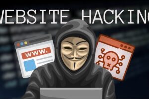 An illustration of a hooded figure wearing a mask, symbolizing a hacker, with a browser window and a malware icon in the background. The text "Website Hacking" appears at the top.