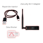 The zSecurity AR9271 wireless adapter, a USB-C keystroke injector cable, and a USB data blocker, offering a complete pentesting bundle for wireless and USB security testing.