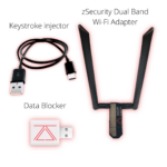 The zSecurity dual-band Wi-Fi adapter, a USB-C keystroke injector cable, and a USB data blocker, providing a comprehensive kit for wireless penetration testing and USB security evaluations.