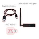 Labeled zSecurity Advanced PenTesting Kit – AR9271 USB Wi-Fi adapter, keystroke injection cable, and USB data blocker