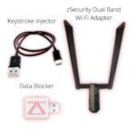 Labeled zSecurity Advanced PenTesting Kit – includes dual-band Wi-Fi adapter, USB-C keystroke injector cable, and USB data blocker