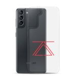 Clear Samsung phone case with a red zSecurity logo, showcasing the back of a Samsung Galaxy phone.